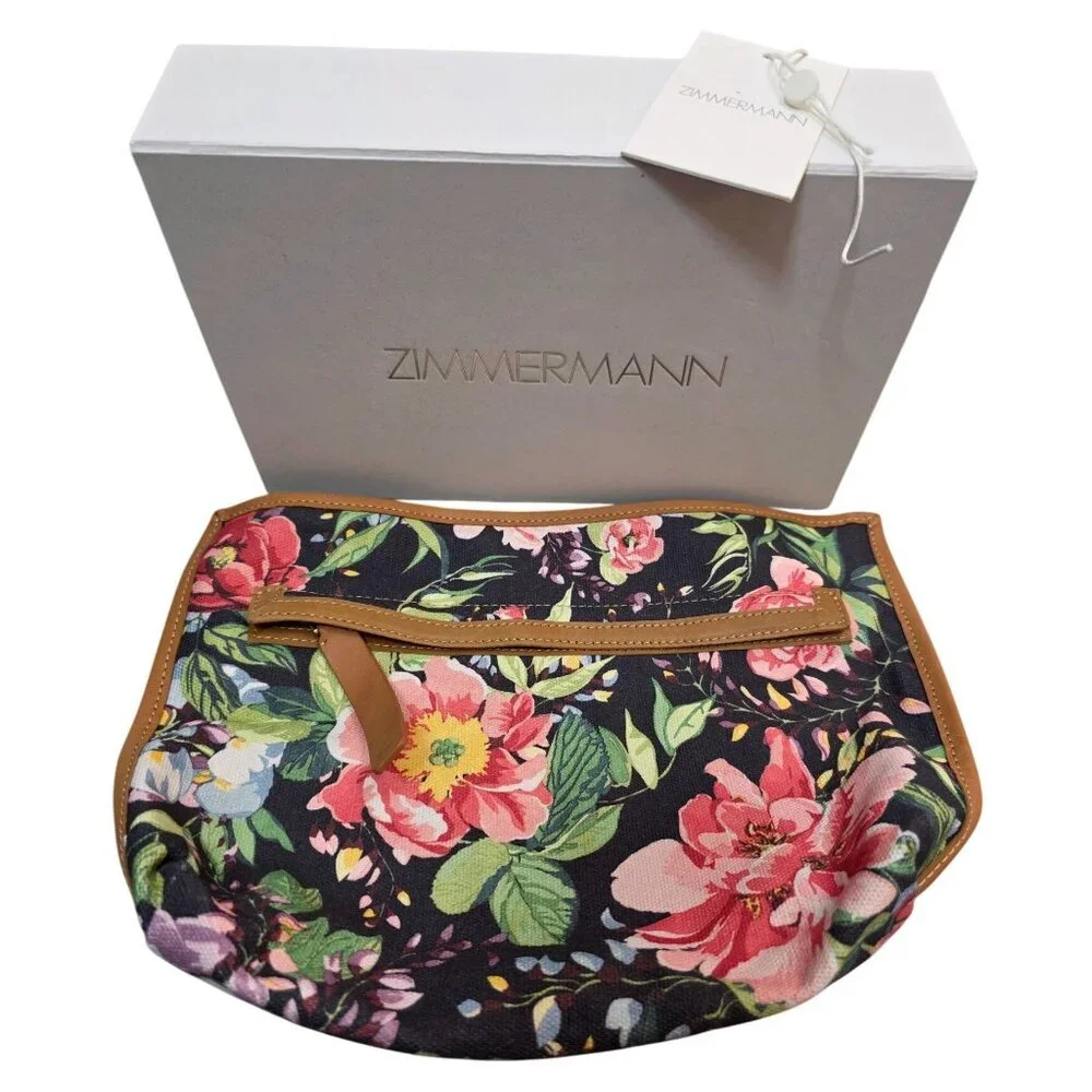 Zimmermann NWT Floral Clutch Leather Cotton Canvas Zip Cosmetics Bag Box 9x11.5